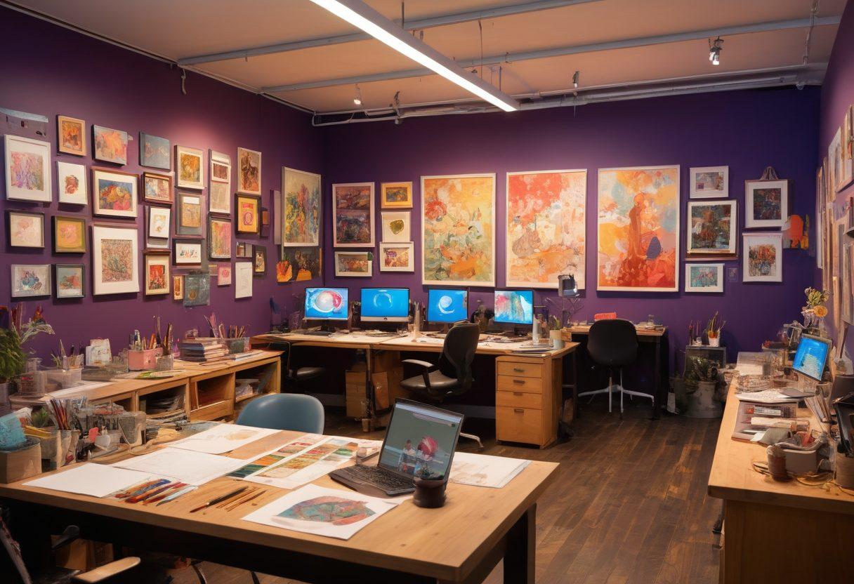 A visually captivating scene depicting a diverse group of professionals in a brightly lit, creatively decorated studio space, showcasing artwork and animation related to adult entertainment, featuring a blend of traditional and digital techniques. The atmosphere is vibrant and thrilling, with art supplies, storyboards, and computers all around, symbolizing career opportunities. Include elements of humor and creativity, like playful characters and whimsical decor. super-realistic. vibrant colors. modern art style.