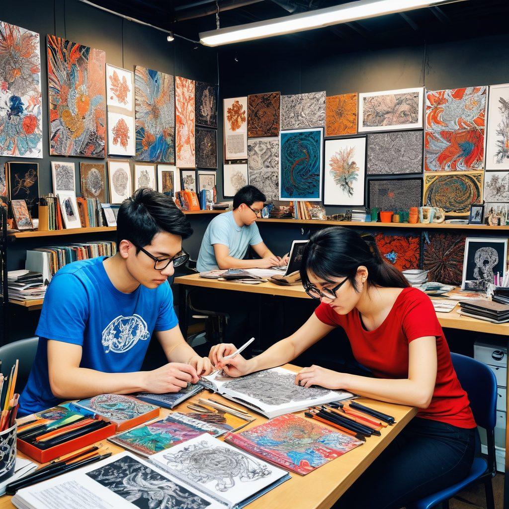 A colorful and dynamic scene depicting diverse artists at work, showcasing various styles of hentai and adult content creation. Include an array of art tools like brushes, digital tablets, and sketchbooks, with some creators brainstorming ideas together. The environment should reflect creativity with bright colors and intricate patterns. Super-realistic. Vibrant colors. Artistic background.